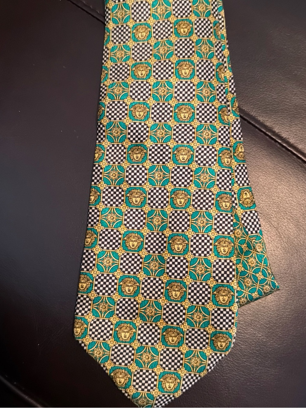 Gianni Versace Green and Gold Medusa Checkerboard Silk Tie